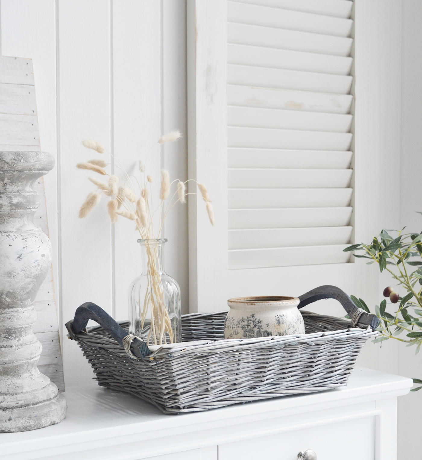 The White Lighthouse. White Furniture and accessories for the home. Windsor grey basket trayfor New England style interiors for country, coastal, city homes