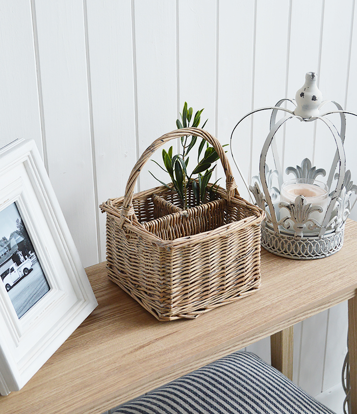 A square grey basket in Windsor Grey with a handle and three compartments.		Ideal for organising and storing of small items in the living room, bedroom, bathroom, Kitchen, laundry and office...tabletop cutlery, letters pens and pencils make up utility