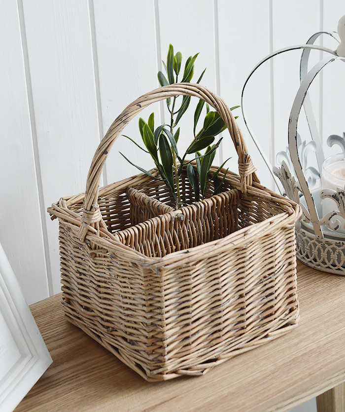 A square grey basket in Windsor Grey with a handle and three compartments.		Ideal for organising and storing of small items in the living room, bedroom, bathroom, Kitchen, laundry and office...tabletop cutlery, letters pens and pencils make up utility