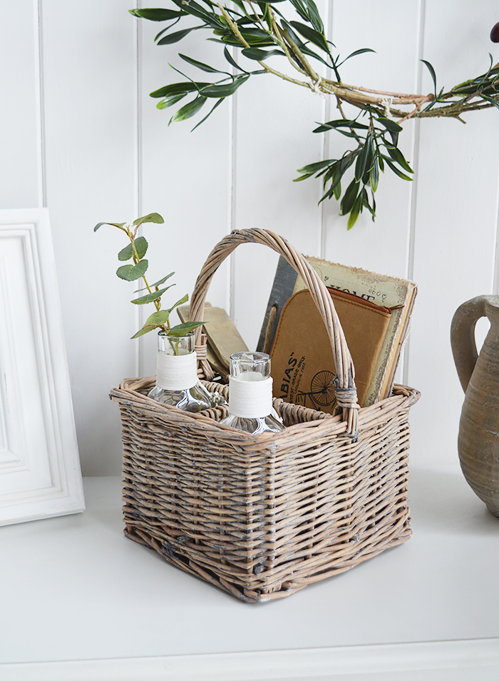 A square grey basket in Windsor Grey with a handle and three compartments.		Ideal for organising and storing of small items in the living room, bedroom, bathroom, Kitchen, laundry and office...tabletop cutlery, letters pens and pencils make up utility