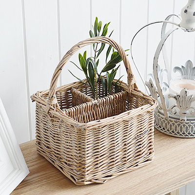 A square grey basket in Windsor Grey with a handle and three compartments.		Ideal for organising and storing of small items in the living room, bedroom, bathroom, Kitchen, laundry and office...tabletop cutlery, letters pens and pencils make up utility