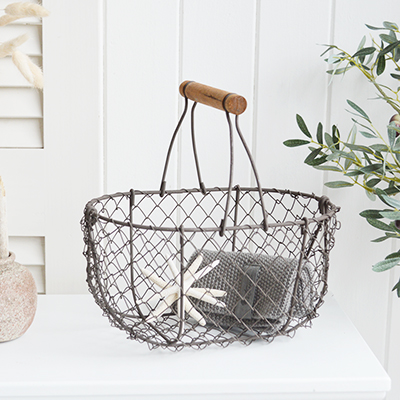 Bridgehampton wire baskets, available in 2 sizes from The White Lighthouse Furniture and Home Interiors for New England, country, coastal and city homes for hallway, living room, bedroom and bathroom