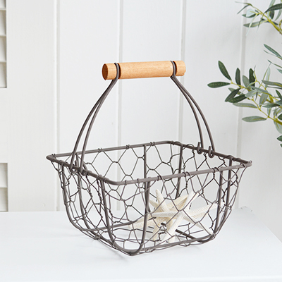 Bridgehampton wire baskets, available in 2 sizes from The White Lighthouse Furniture and Home Interiors for New England, country, coastal and city homes for hallway, living room, bedroom and bathroom