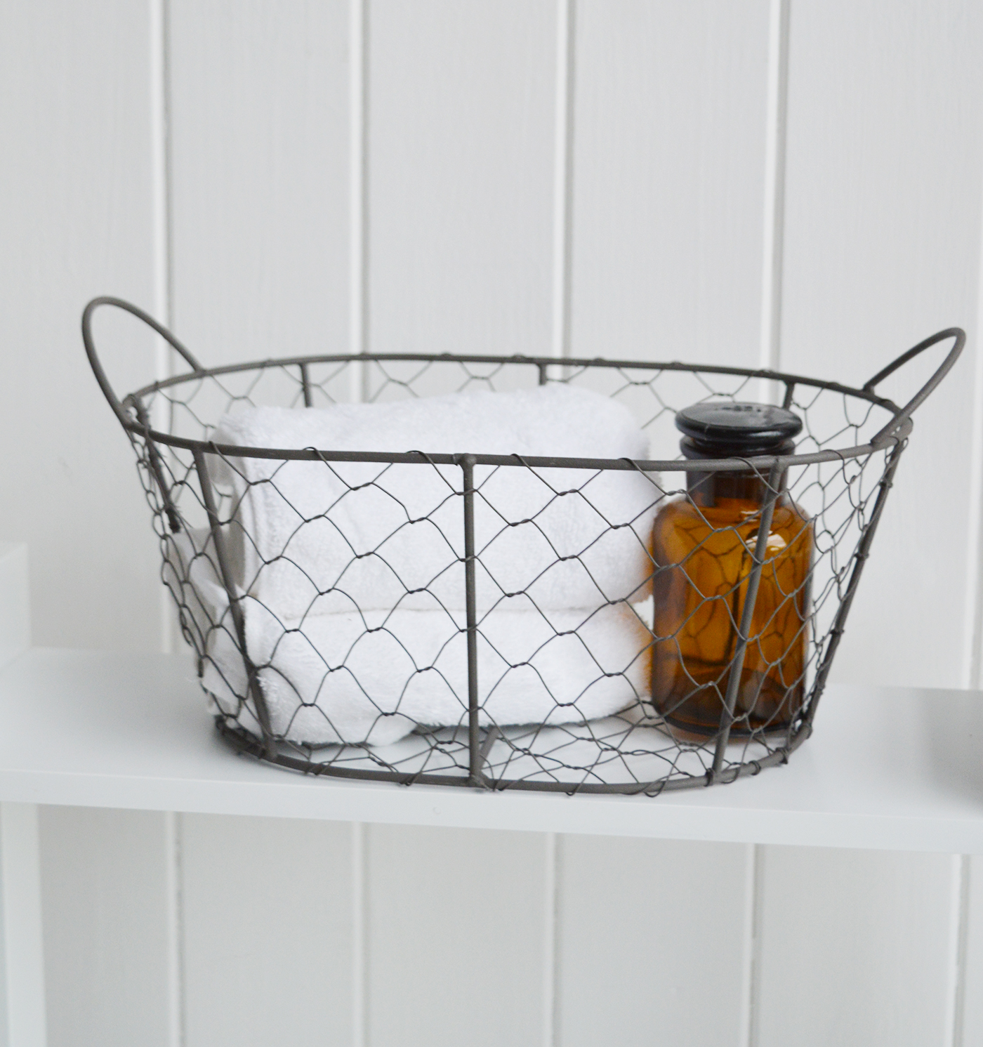 Weston wire baskets, available in 2 sizes from The White Lighthouse Furniture and Home Interiors for New England, country, coastal and city homes for hallway, living room, bedroom and bathroom