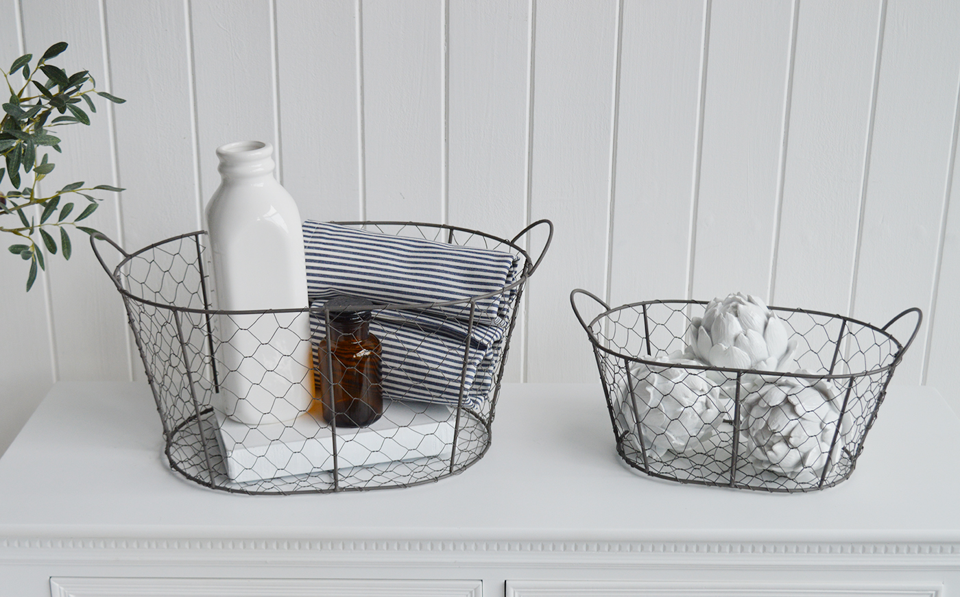 Weston wire baskets, available in 2 sizes from The White Lighthouse Furniture and Home Interiors for New England, country, coastal and city homes for hallway, living room, bedroom and bathroom