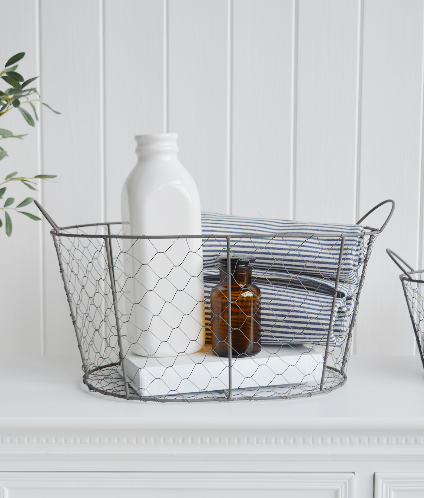 Weston wire baskets, available in 2 sizes from The White Lighthouse Furniture and Home Interiors for New England, country, coastal and city homes for hallway, living room, bedroom and bathroom