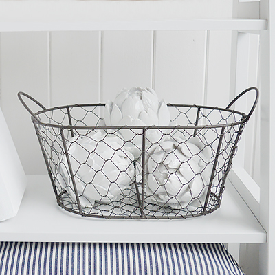 Weston wire baskets, available in 2 sizes from The White Lighthouse Furniture and Home Interiors for New England, country, coastal and city homes for hallway, living room, bedroom and bathroom