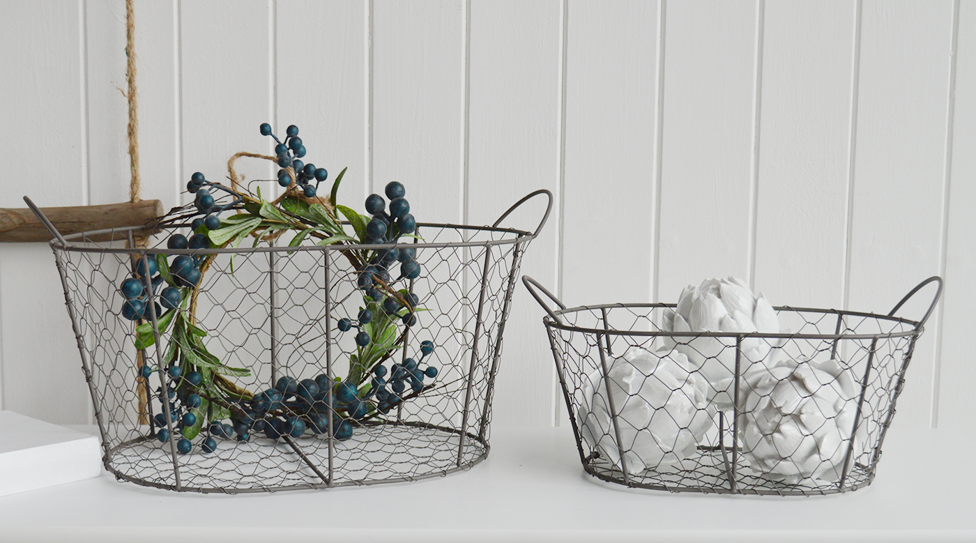 Weston wire baskets, available in 2 sizes from The White Lighthouse Furniture and Home Interiors for New England, country, coastal and city homes for hallway, living room, bedroom and bathroom