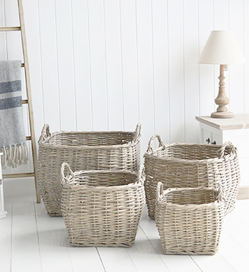 Set of 4 grey round willow baskets handles - logs-toys