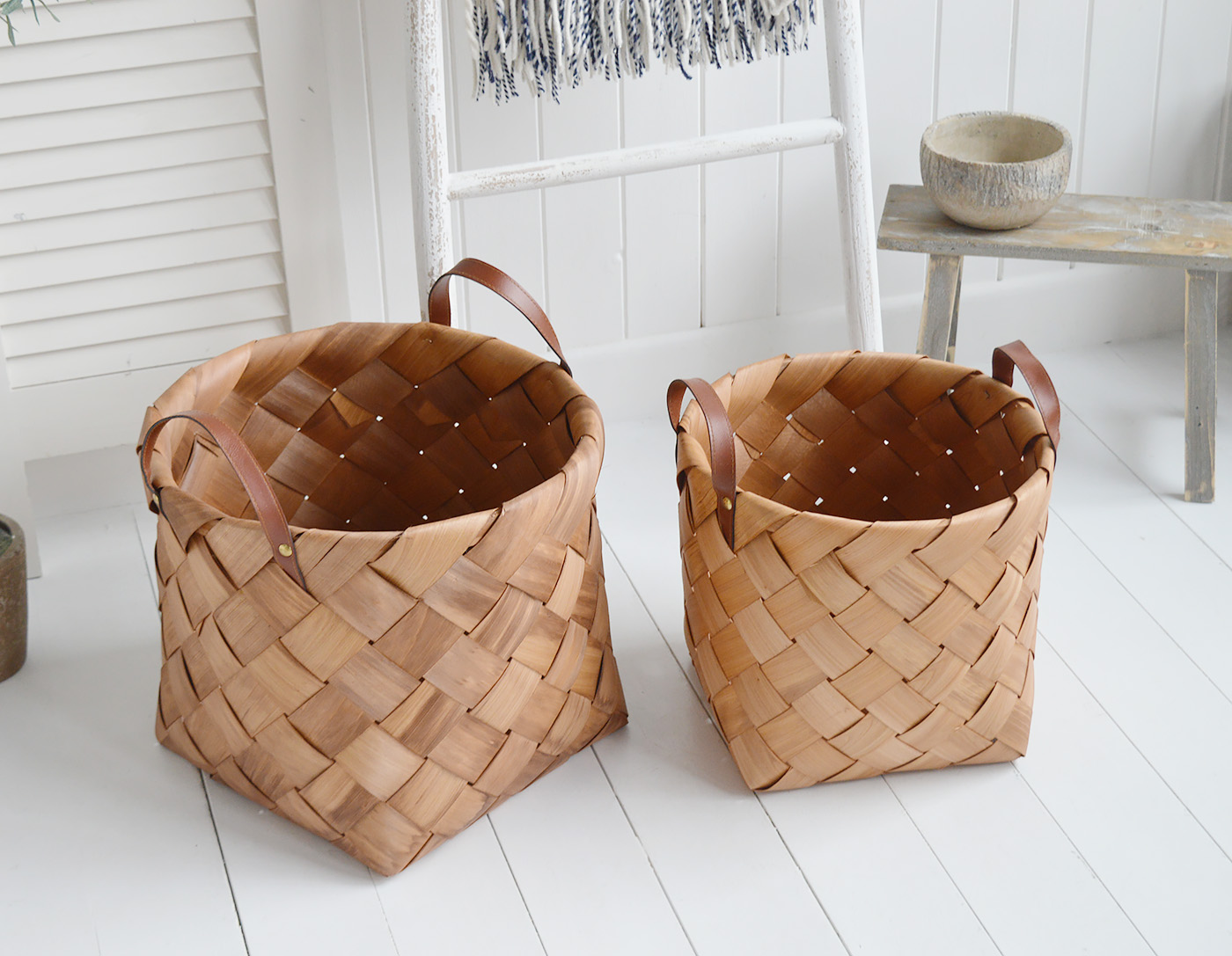 White Furniture and accessories for the home. Set of Branford large hand woven baskets with handles. Log and storage for New England style homes in country, coastal and city 