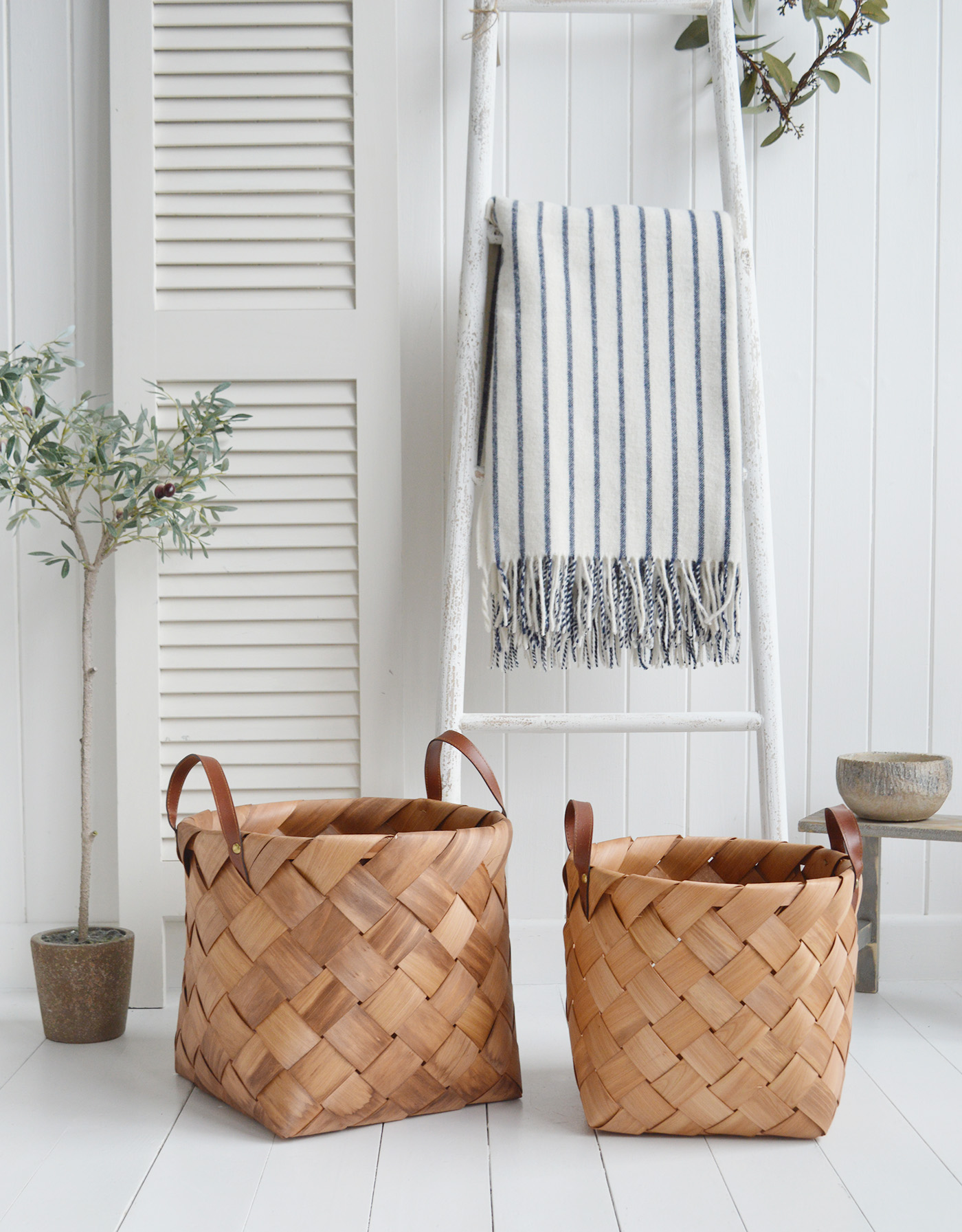 White Furniture and accessories for the home. Set of Branford large hand woven baskets with handles. Log and storage for New England style homes in country, coastal and city 