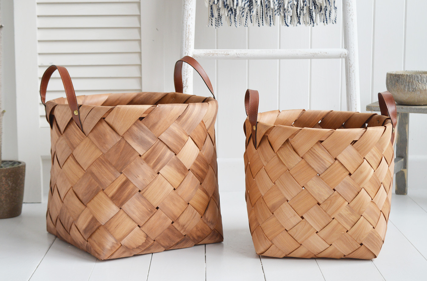 White Furniture and accessories for the home. Set of Branford large hand woven baskets with handles. Log and storage for New England style homes in country, coastal and city 