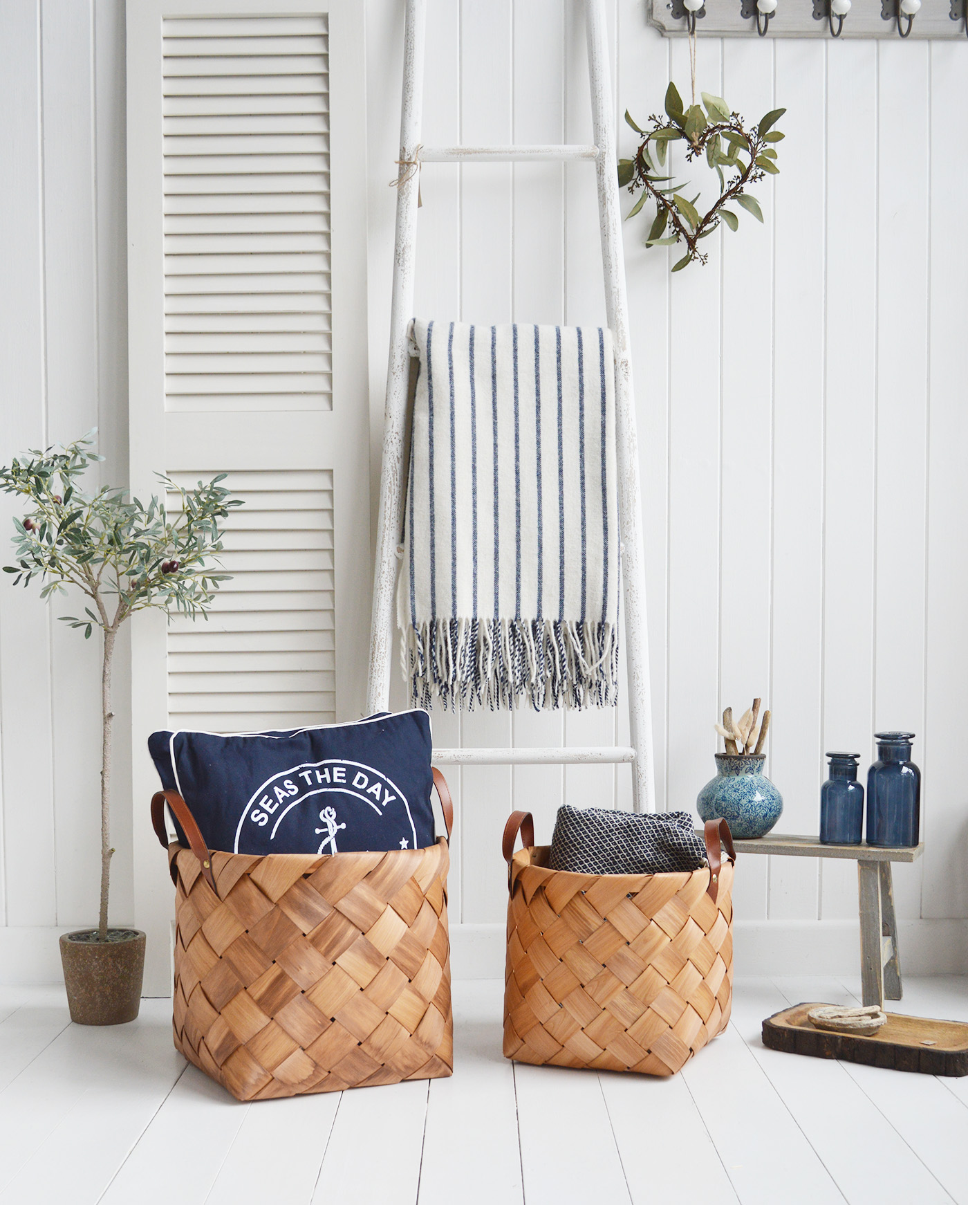 White Furniture and accessories for the home. Set of Branford large hand woven baskets with handles. Log and storage for New England style homes in country, coastal and city 