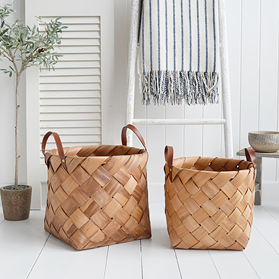 White Furniture and accessories for the home. Branfor large hand woven basket with handles. Log and storage for New England style homes in country, coastal and city 