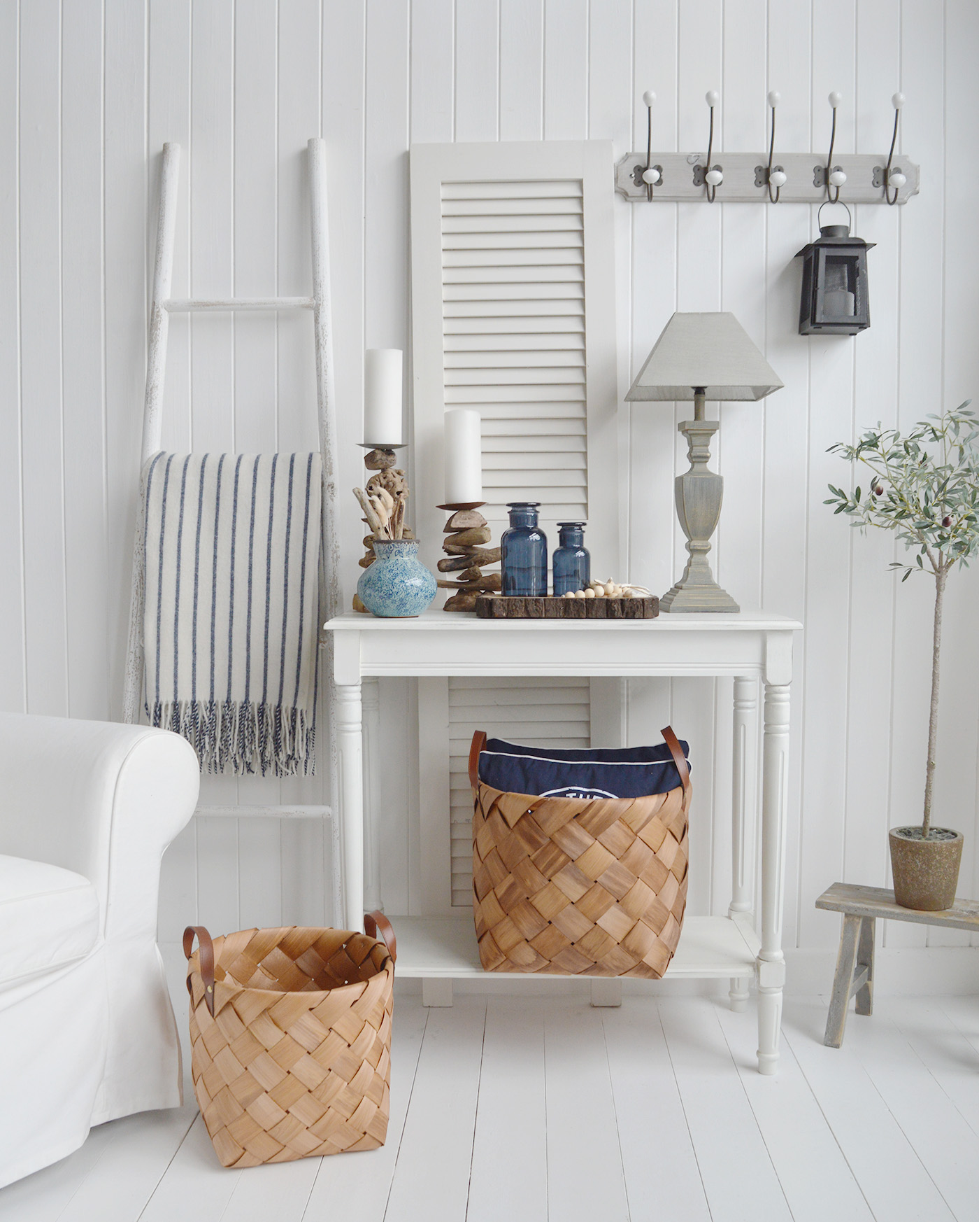 White Furniture and accessories for the home. Set of Branford large hand woven baskets with handles. Log and storage for New England style homes in country, coastal and city 