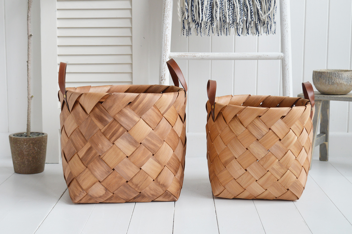 White Furniture and accessories for the home. Set of Branford large hand woven baskets with handles. Log and storage for New England style homes in country, coastal and city 