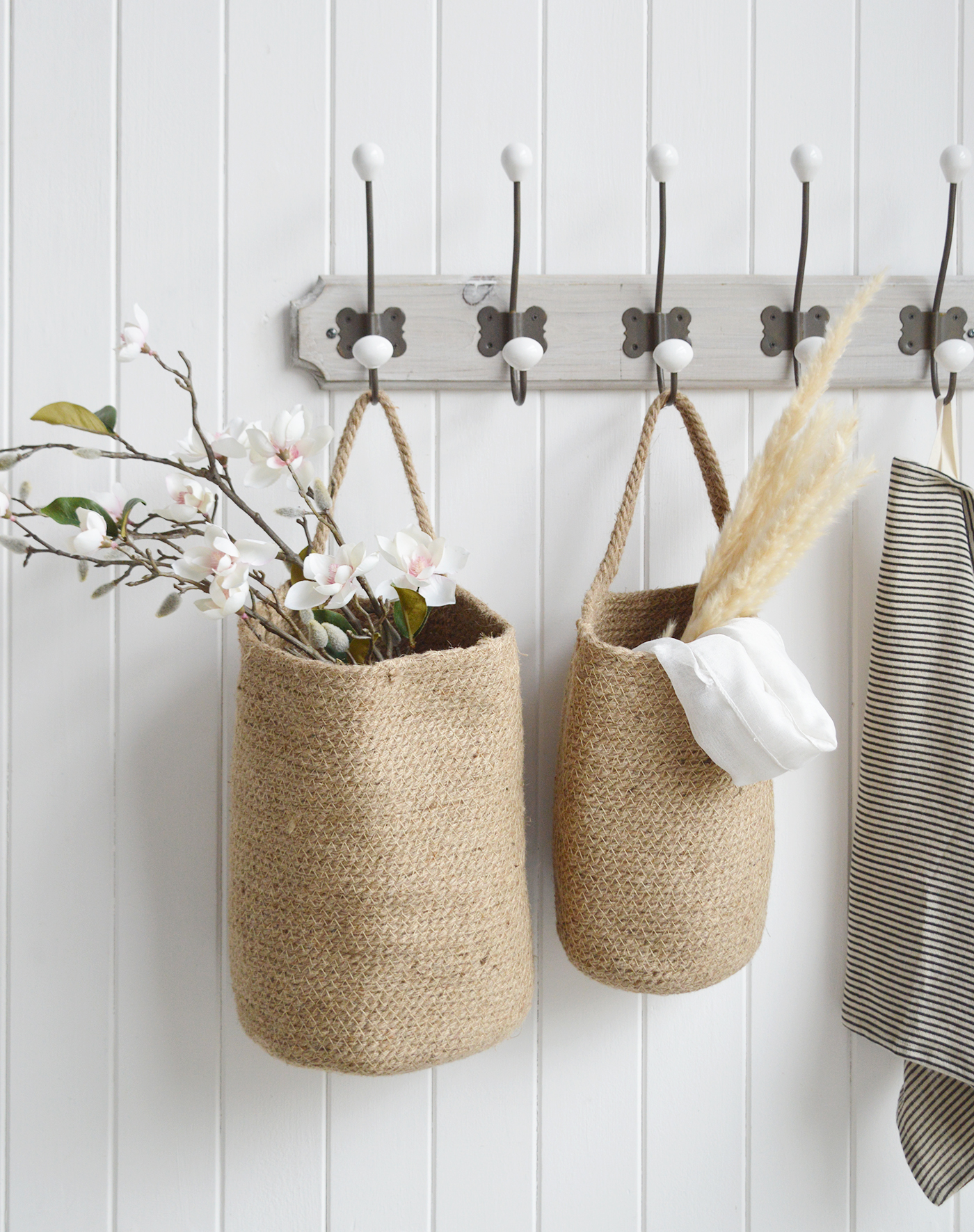 Campton Rustic set of hanging jute Basket - New England modern country, coastal and farmhouse furniture and interiors