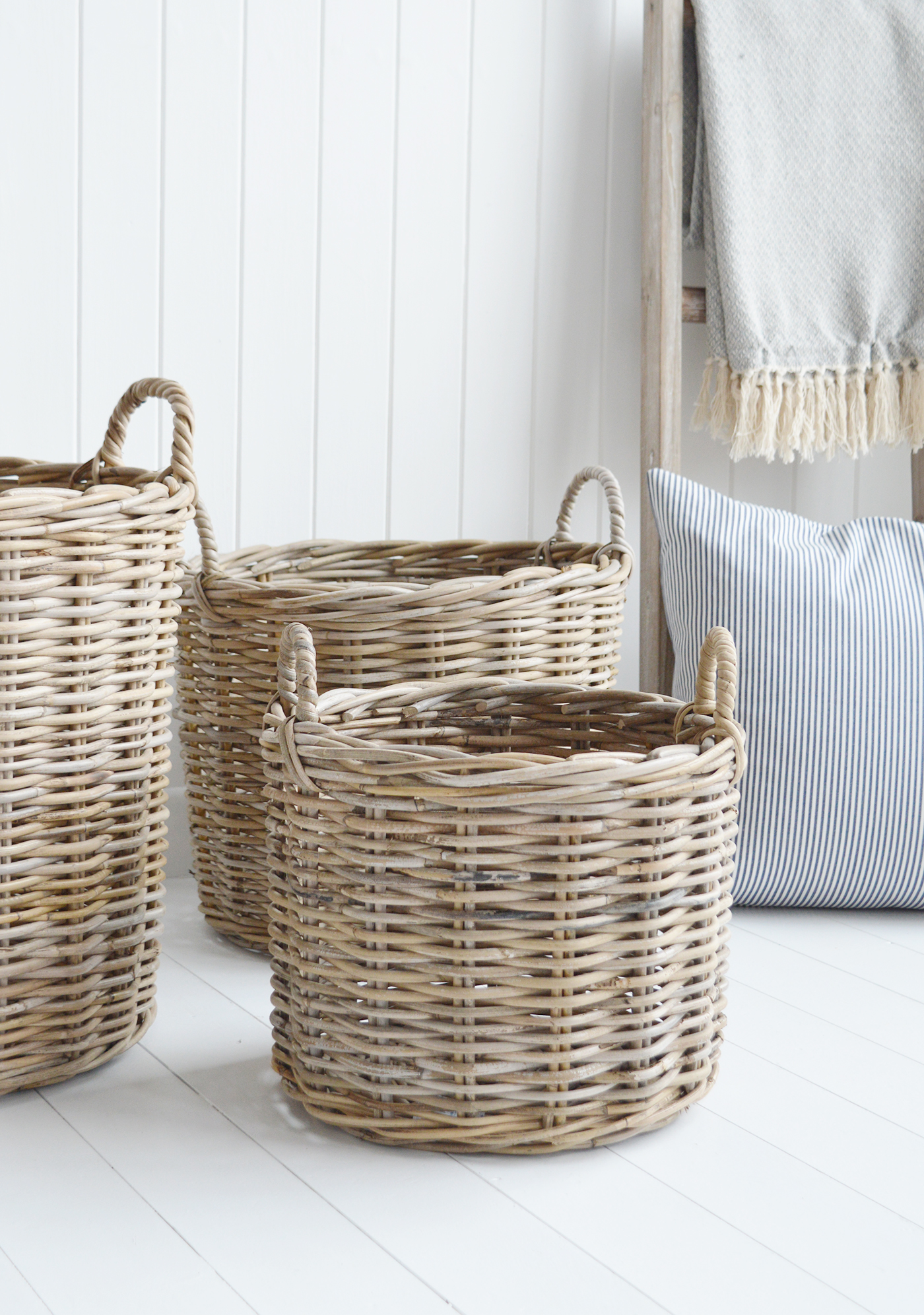 Casco Bay extra large Round basket with handles for logs, toys and everyday storage from The White Lighthouse Furniture and Home Interiors for New England, country, coastal and city homes for hallway, living room, bedroom and bathroom