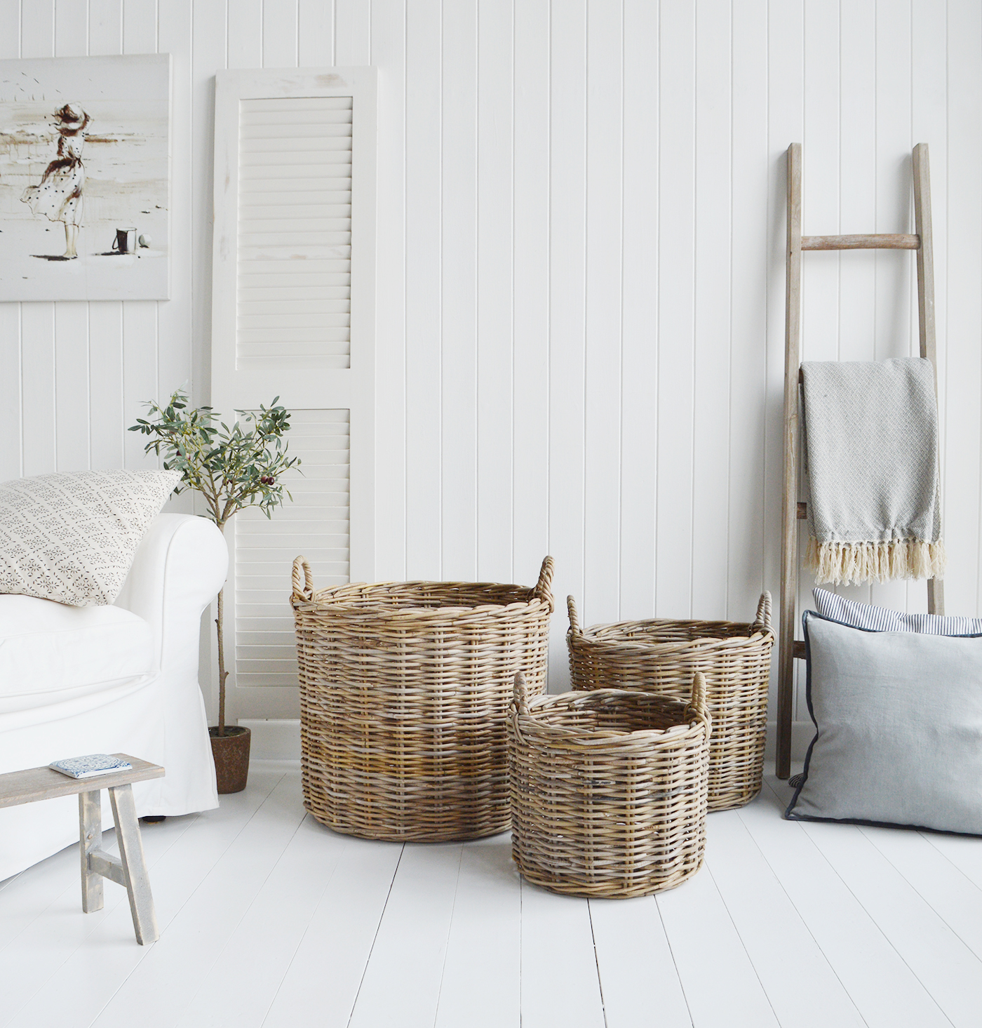 Casco Bay extra large Round basket with handles for logs, toys and everyday storage from The White Lighthouse Furniture and Home Interiors for New England, country, coastal , modern farmhouse and city homes for hallway, living room, bedroom and bathroom