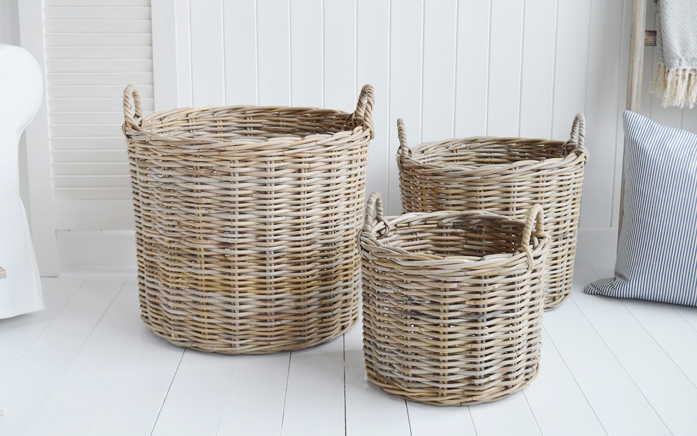 Casco Bay extra large Round basket with handles for logs, toys and everyday storage from The White Lighthouse Furniture and Home Interiors for New England, modern farmhouse country, coastal and city homes for hallway, living room, bedroom and bathroom