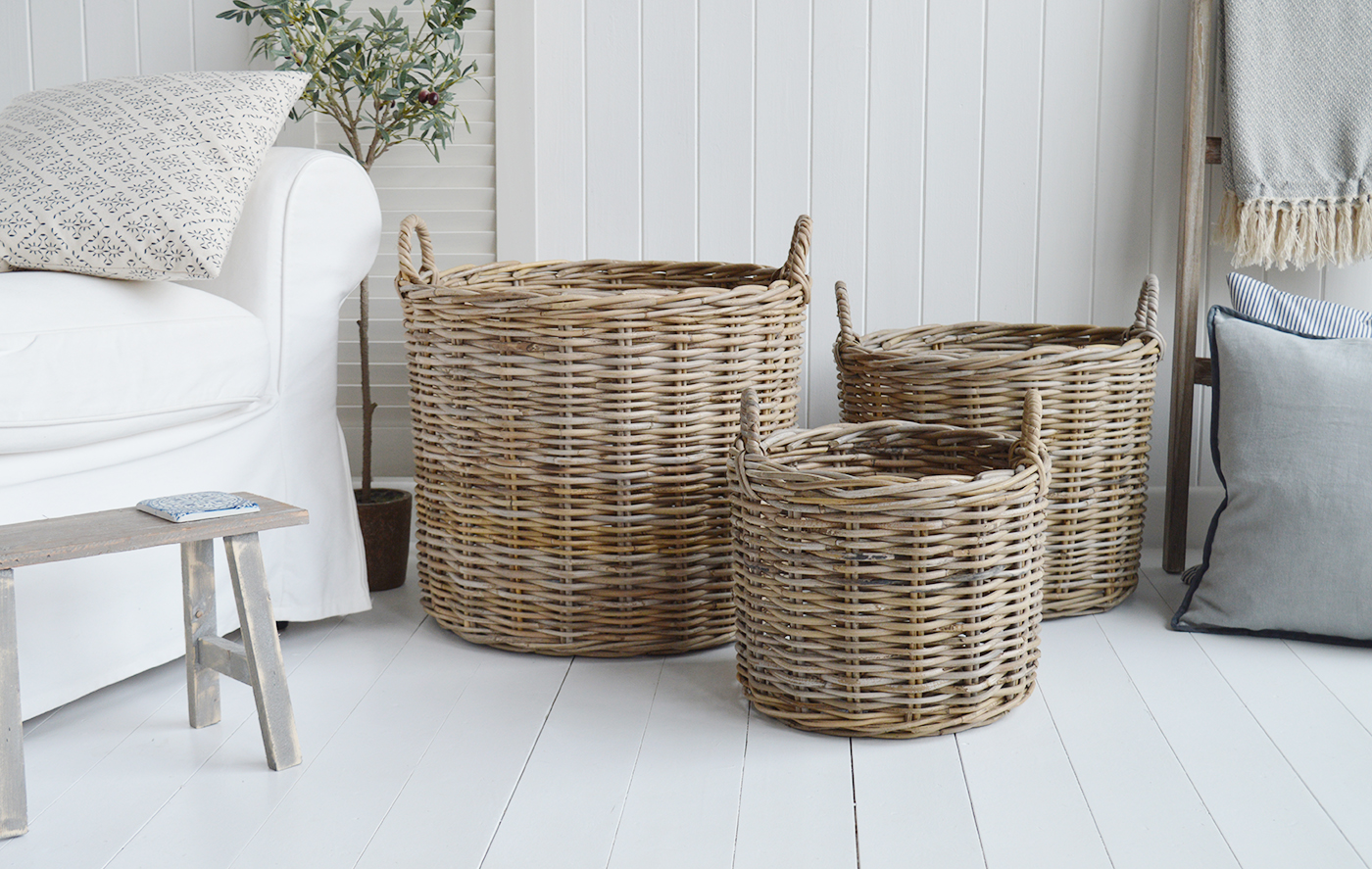 Casco Bay extra large Round basket with handles for logs, toys and everyday storage from The White Lighthouse Furniture and Home Interiors for New England, modern farmhouse country, coastal and city homes for hallway, living room, bedroom and bathroom