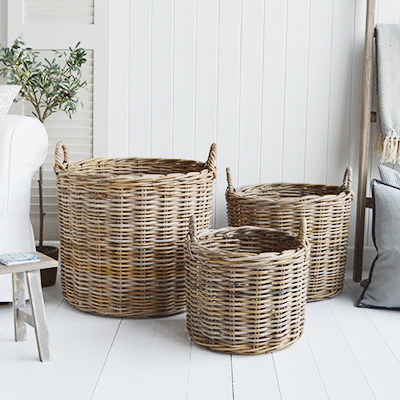 Casco Bay Grey basketware Willow round  for logs, toys and everyday storage from The White Lighthouse Furniture and Home Interiors for New England, country, coastal and city homes for hallway, living room, bedroom and bathroom