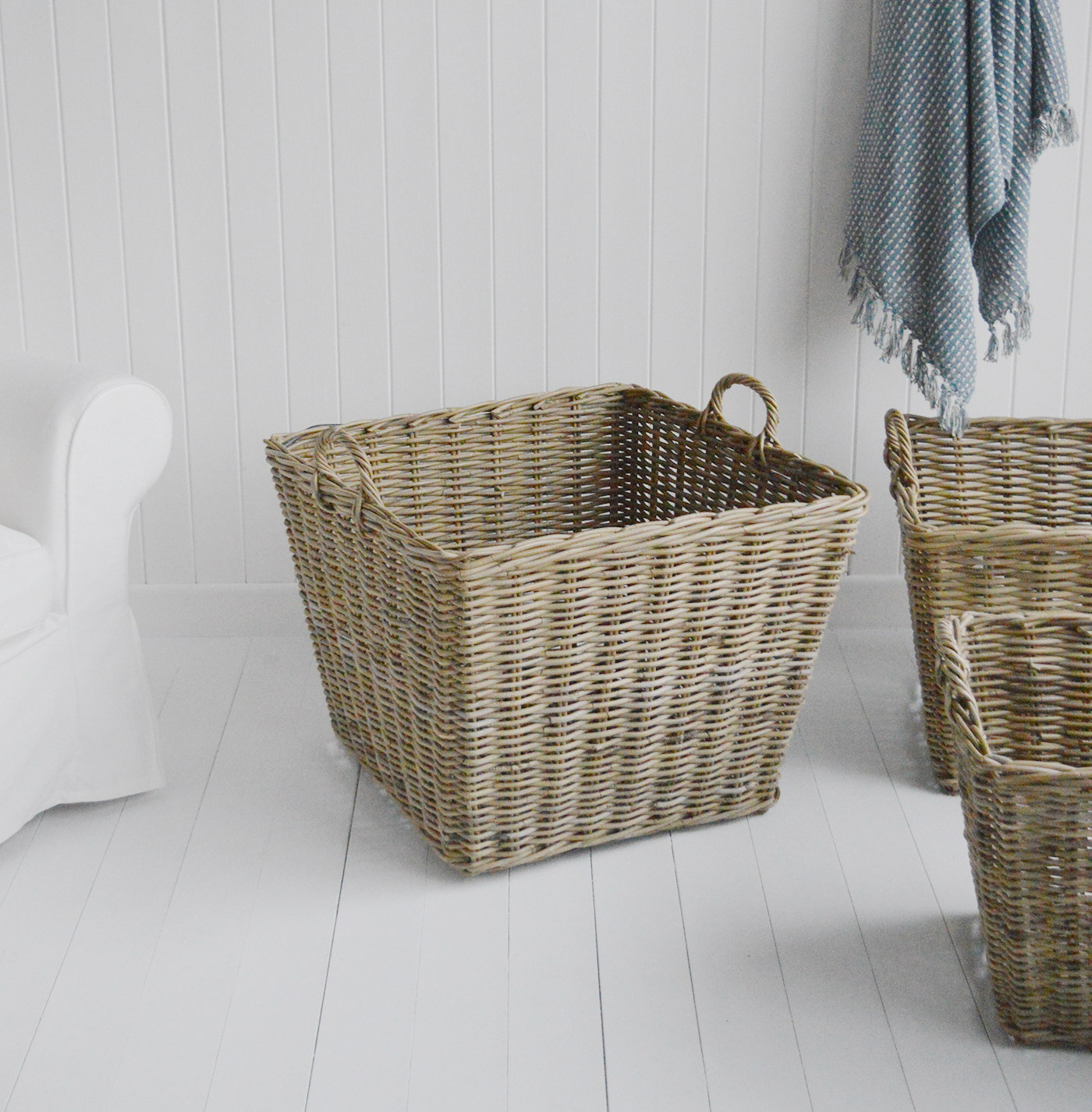 Casco Bay extra large tapered square baskets from The White Lighthouse Furniture. New England, country, coastal, city and white home interiors. Hallway, Bedroom , Bathroom and living room
