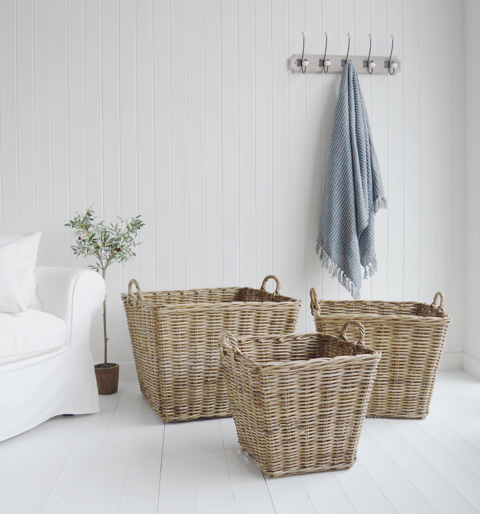 Casco Bay extra large tapered square baskets from The White Lighthouse Furniture. New England, country, coastal, city and white home interiors. Hallway, Bedroom , Bathroom and living room