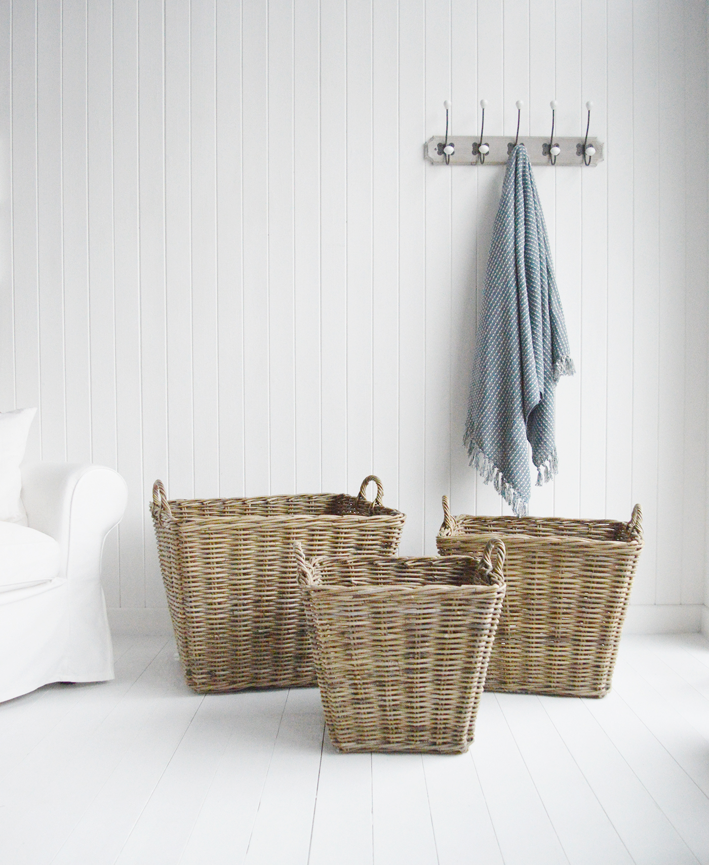 Casco Bay extra large tapered square baskets from The White Lighthouse Furniture. New England, country, coastal, city and white home interiors. Hallway, Bedroom , Bathroom and living room