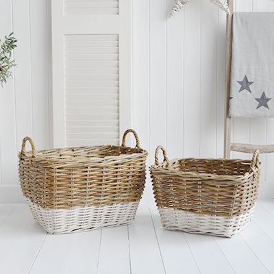 Farmington Grey and White basketware Willow round  for logs, toys and everyday storage from The White Lighthouse Furniture and Home Interiors for New England, country, coastal and city homes for hallway, living room, bedroom and bathroom
