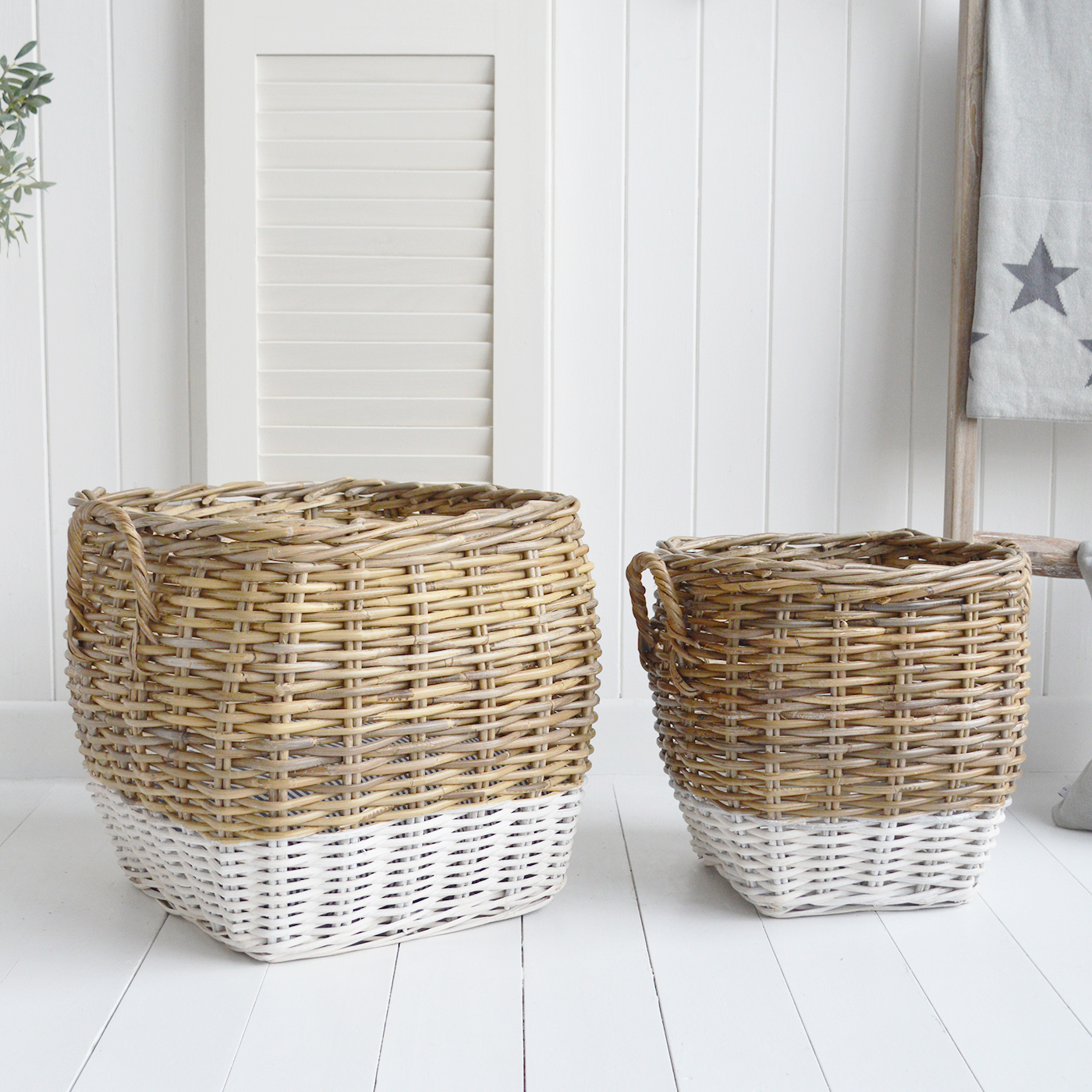 Farmington Square baskets in grey and white with handles for logs, toys and everyday storage from The White Lighthouse Furniture and Home Interiors for New England, modern farmhouse country, coastal and city homes for hallway, living room, bedroom and bathroom