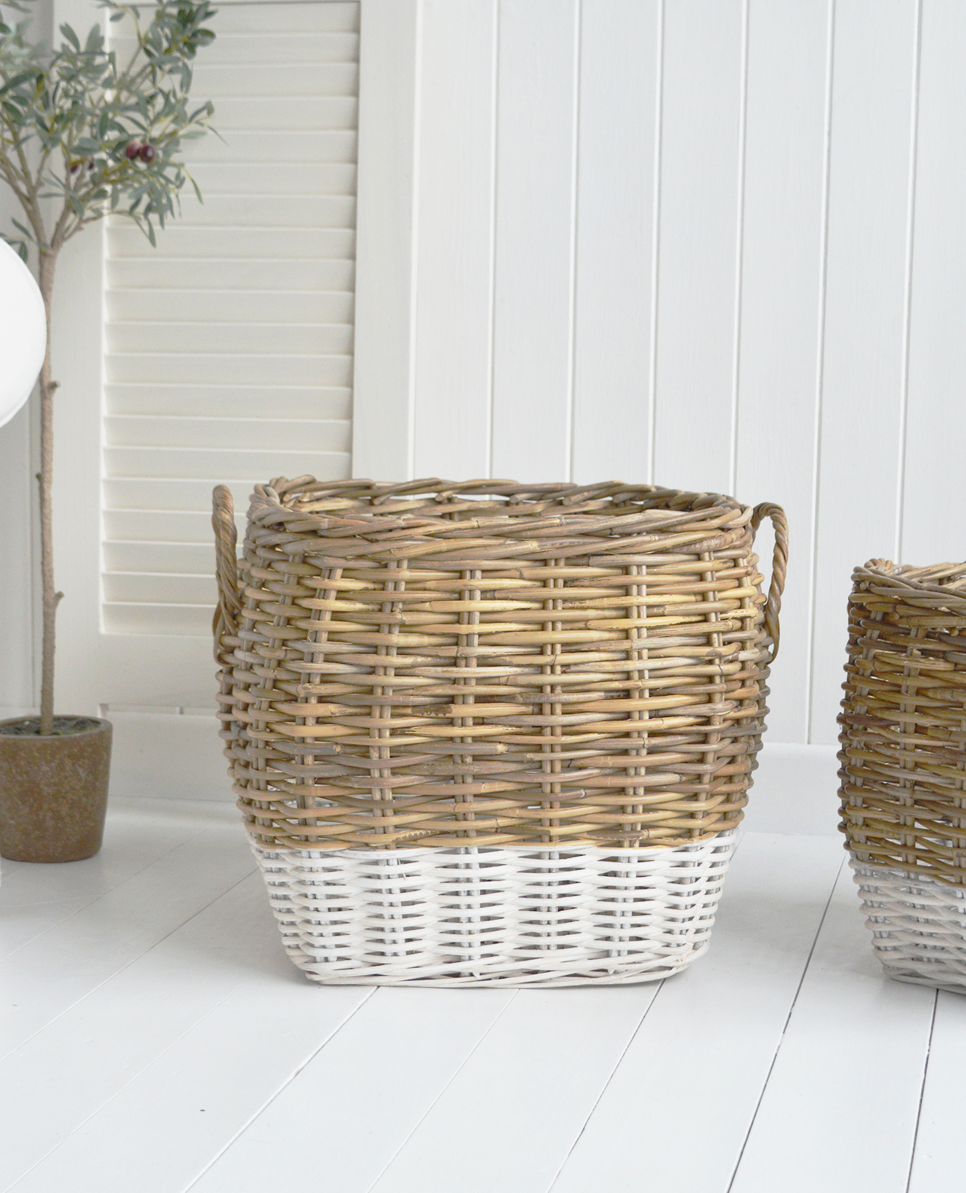 Farmington Square baskets in grey and white with handles for logs, toys and everyday storage from The White Lighthouse Furniture and Home Interiors for New England, modern farmhouse country, coastal and city homes for hallway, living room, bedroom and bathroom