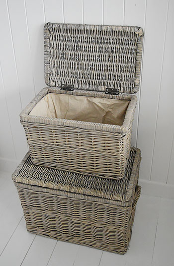 Grey driftwood coloured baskets offer plenty of storage for laundry, towels and laundry in your bathroom