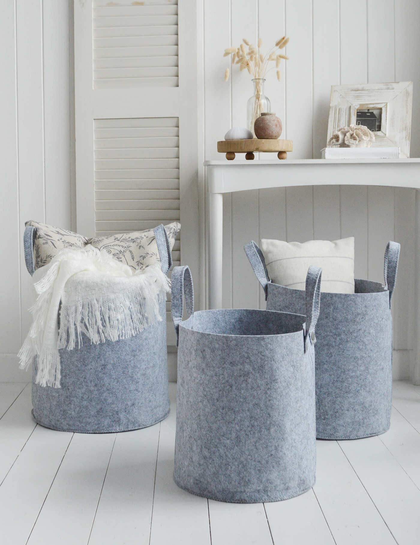 The Kittery set of three grey baskets with handles for storage of everyday items in New England modern farmhouse and kittery homes