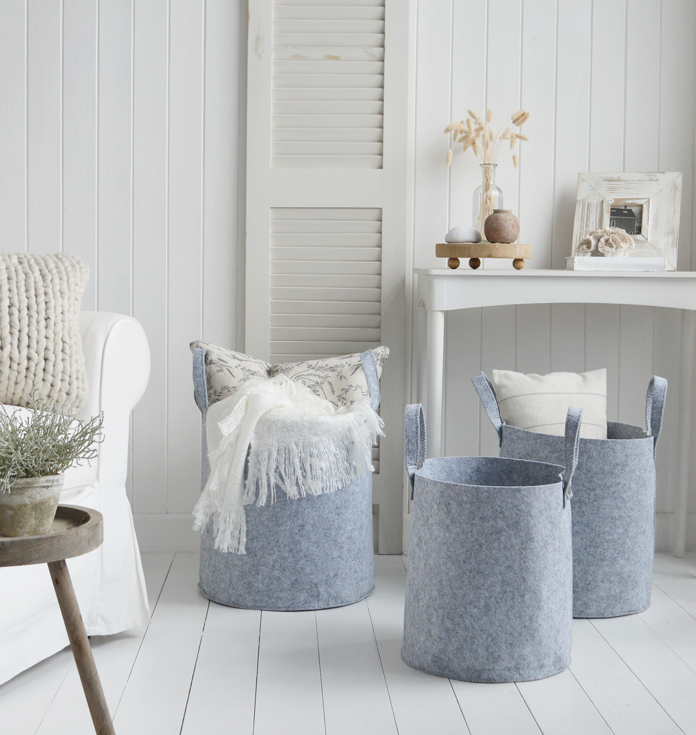Set of 3 kittery baskets, in grey these are a versatile solution to storage in a coastal or modern farmhouse style home.