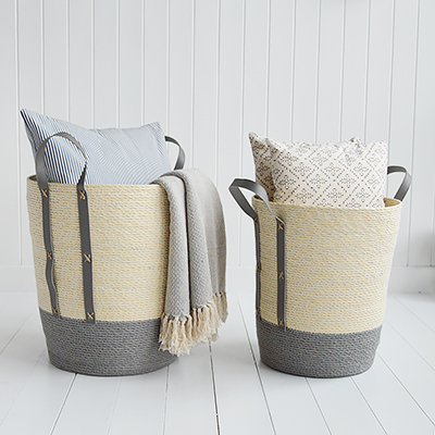 New Hampshire tall set of baskets toys and everyday storage from The White Lighthouse Furniture and Home Interiors for New England, country, coastal farmhouse and city homes for hallway, living room, bedroom and bathroom