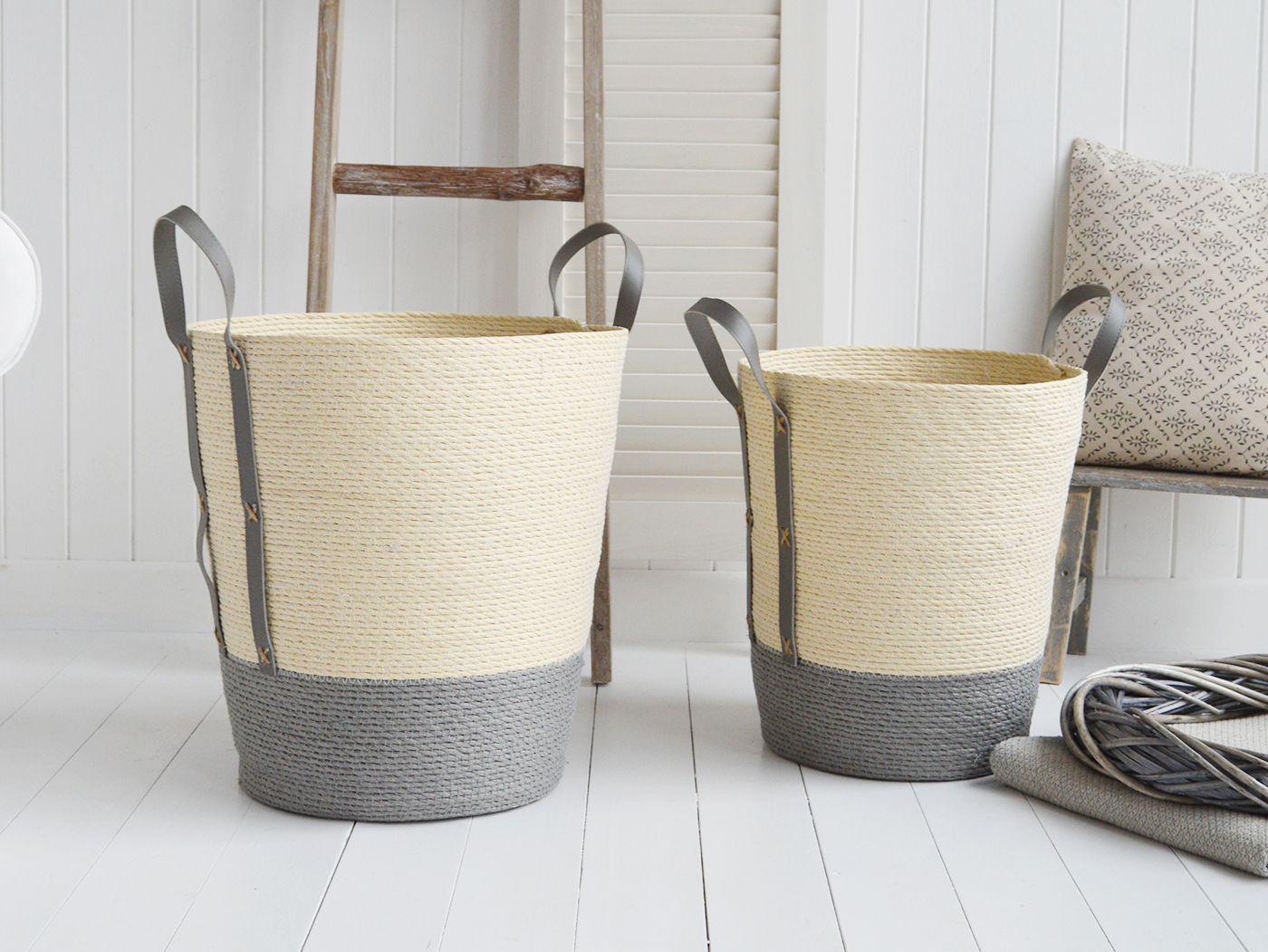 New Hampshire tall set of baskets toys and everyday storage from The White Lighthouse Furniture and Home Interiors for New England, country, coastal farmhouse and city homes for hallway, living room, bedroom and bathroom