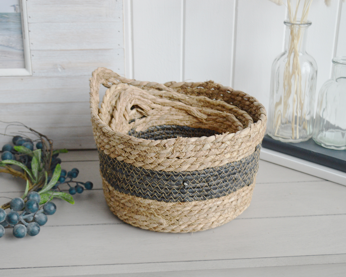 Newington Set of 3 Baskets with handle for everyday storage from The White Lighthouse Furniture and Home Interiors for New England, country, coastal and city homes for hallway, living room, bedroom and bathroom
