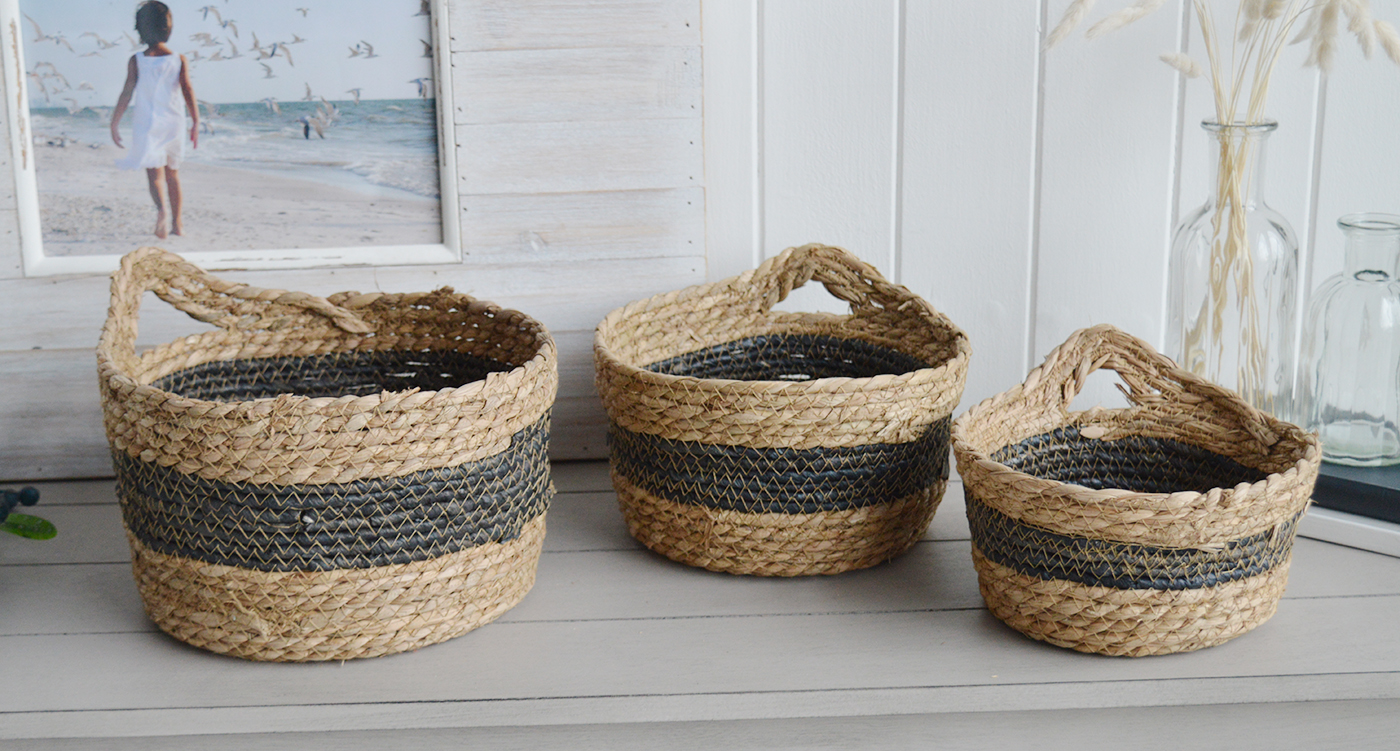 Newington Set of 3 Baskets with handle for everyday storage from The White Lighthouse Furniture and Home Interiors for New England, country, coastal and city homes for hallway, living room, bedroom and bathroom