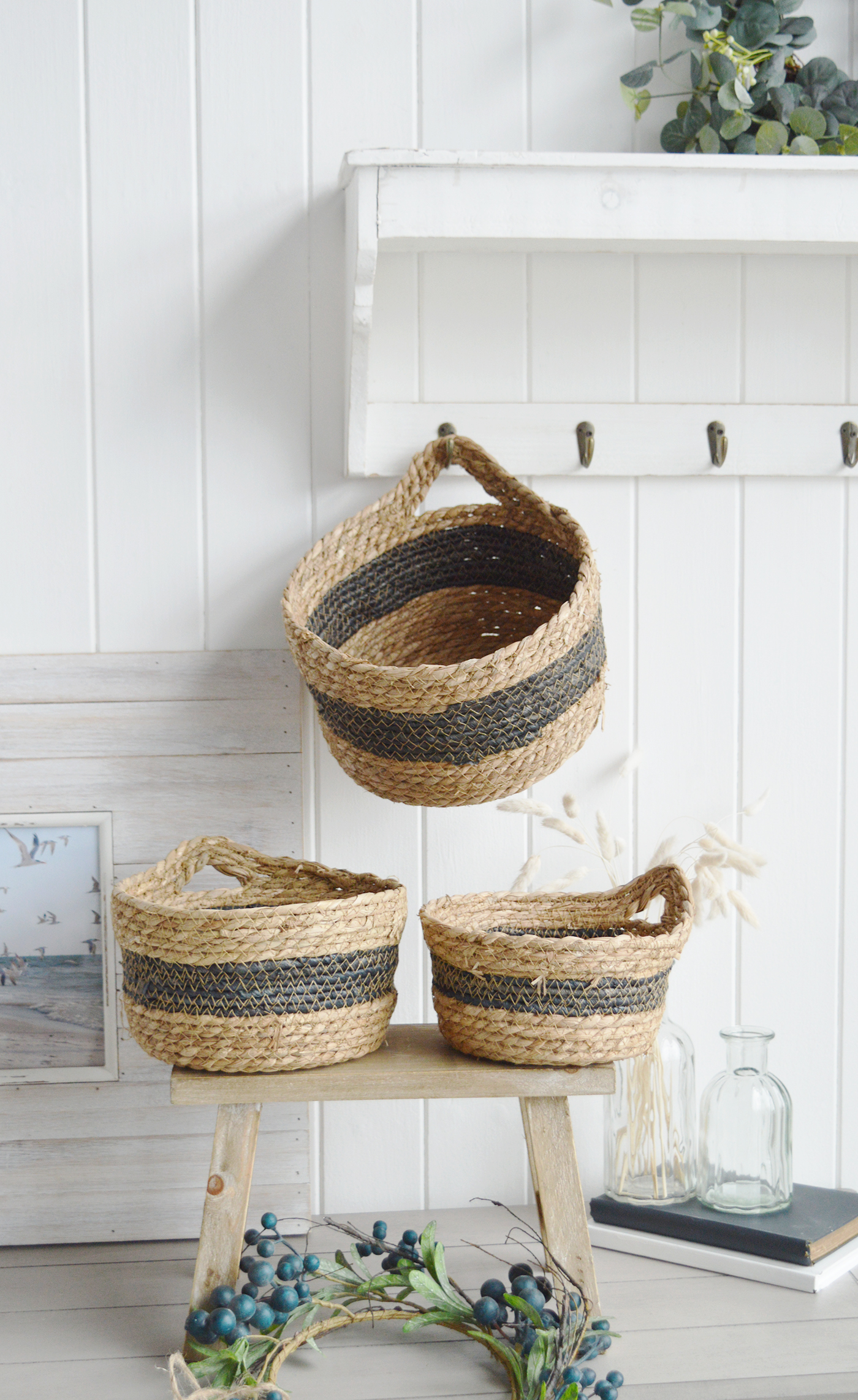 Newington Set of 3 Baskets with handle for everyday storage from The White Lighthouse Furniture and Home Interiors for New England, country, coastal and city homes for hallway, living room, bedroom and bathroom