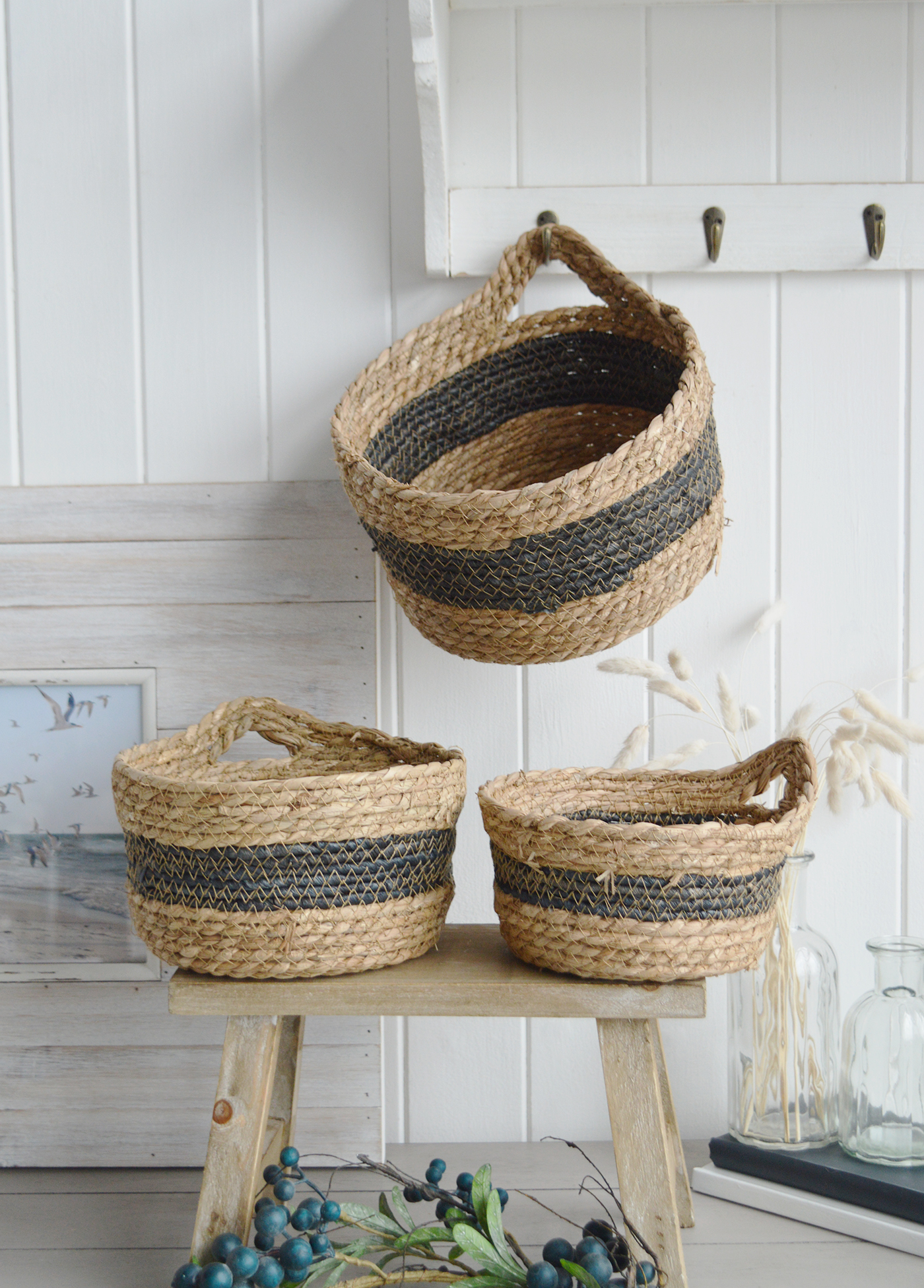 Newington Set of 3 Baskets with handle for everyday storage from The White Lighthouse Furniture and Home Interiors for New England, country, coastal and city homes for hallway, living room, bedroom and bathroom