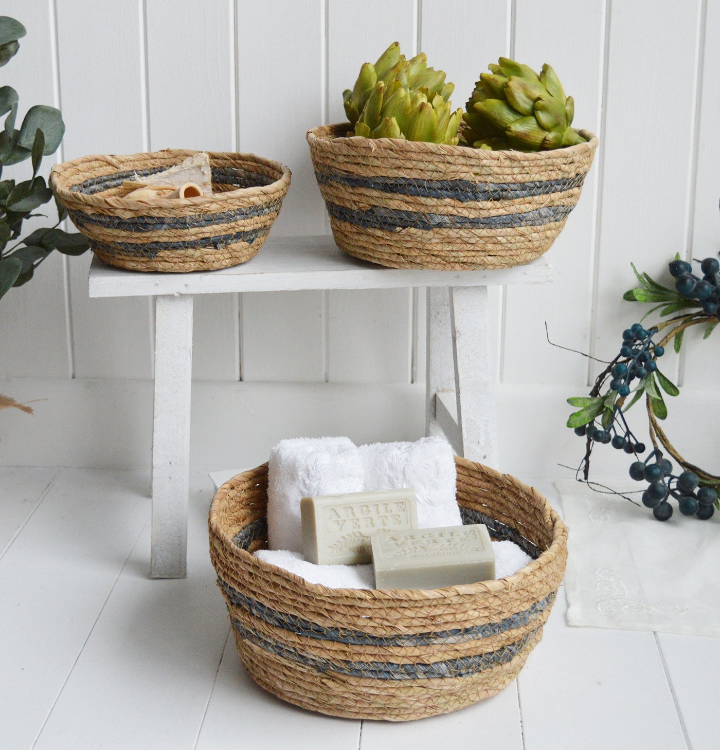 Newington Set of 3 Baskets for everyday storage from The White Lighthouse Furniture and Home Interiors for New England, country, coastal and city homes for hallway, living room, bedroom and bathroom