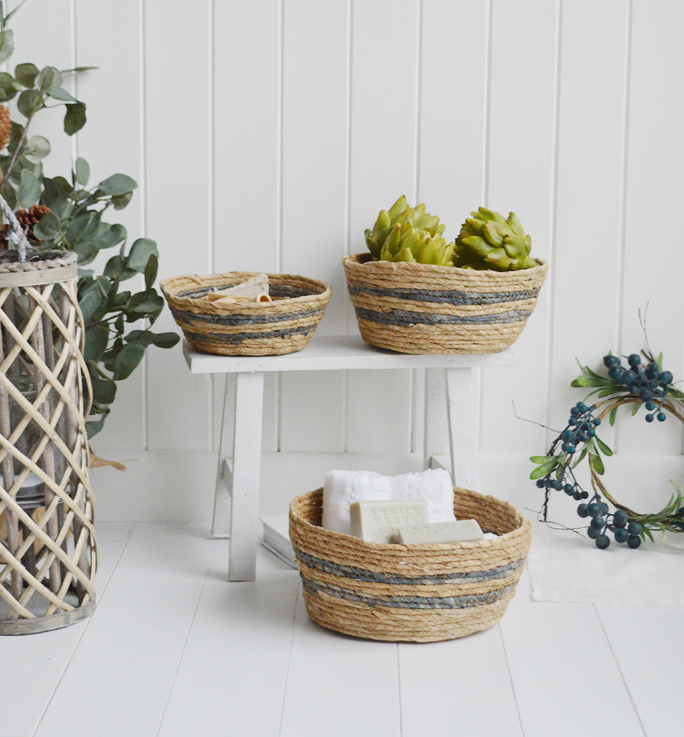 Newington Set of 3 Baskets for everyday storage from The White Lighthouse Furniture and Home Interiors for New England, country, coastal and city homes for hallway, living room, bedroom and bathroom