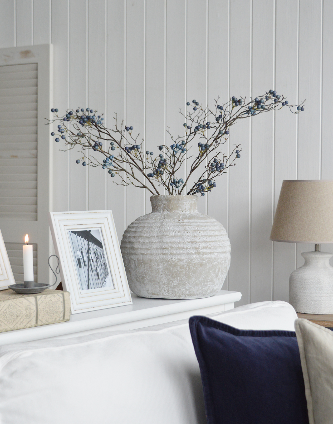 Faux blue berries branch, ideal to style a New England themed home in coasta, country and farmhouse interiors