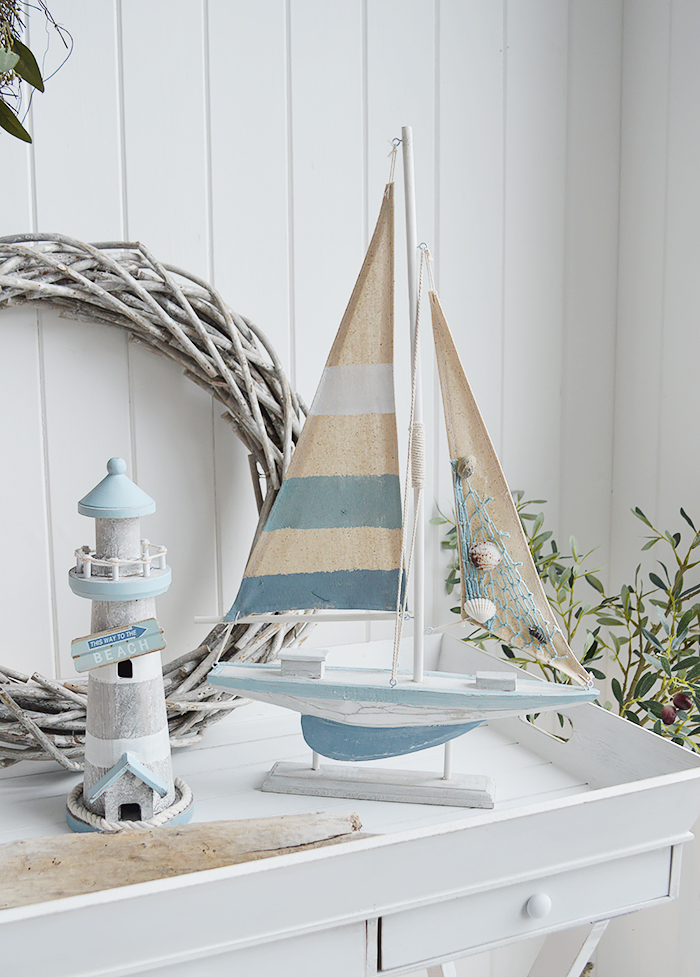 CoTa Global Ocean Blue Sea Boat with LED Light - Handmade Wooden Boat Decor,  Beach Style Model Sail Boat Decorations, Nautical Themed Table Top Decor  Living Room Centerpiece - Handmade Color May