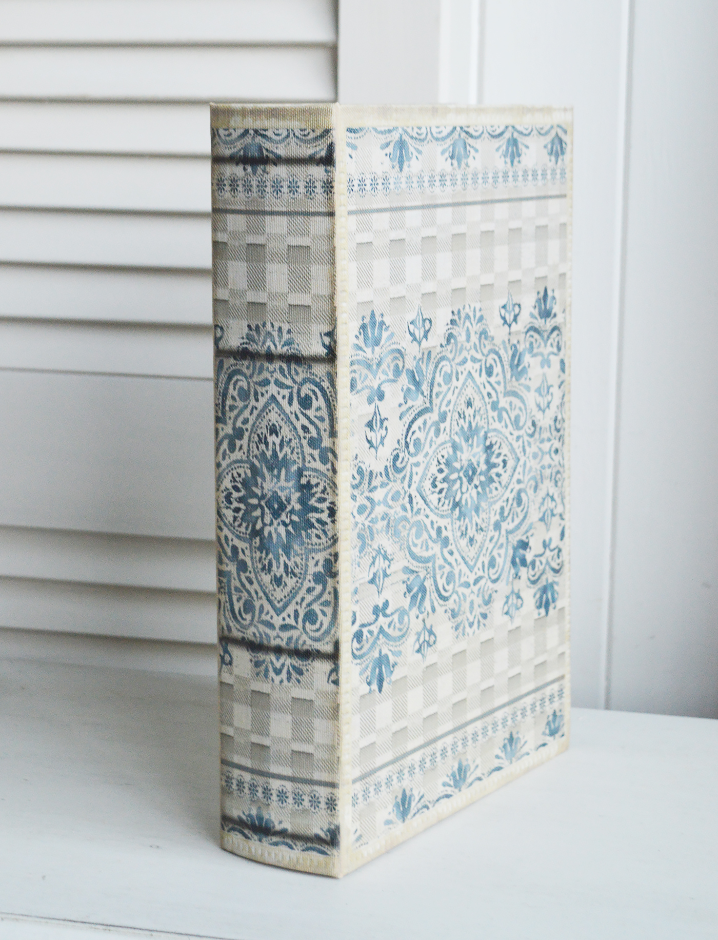 Blue and grey decorative storage book for New England, city Country and coastal home interior decor