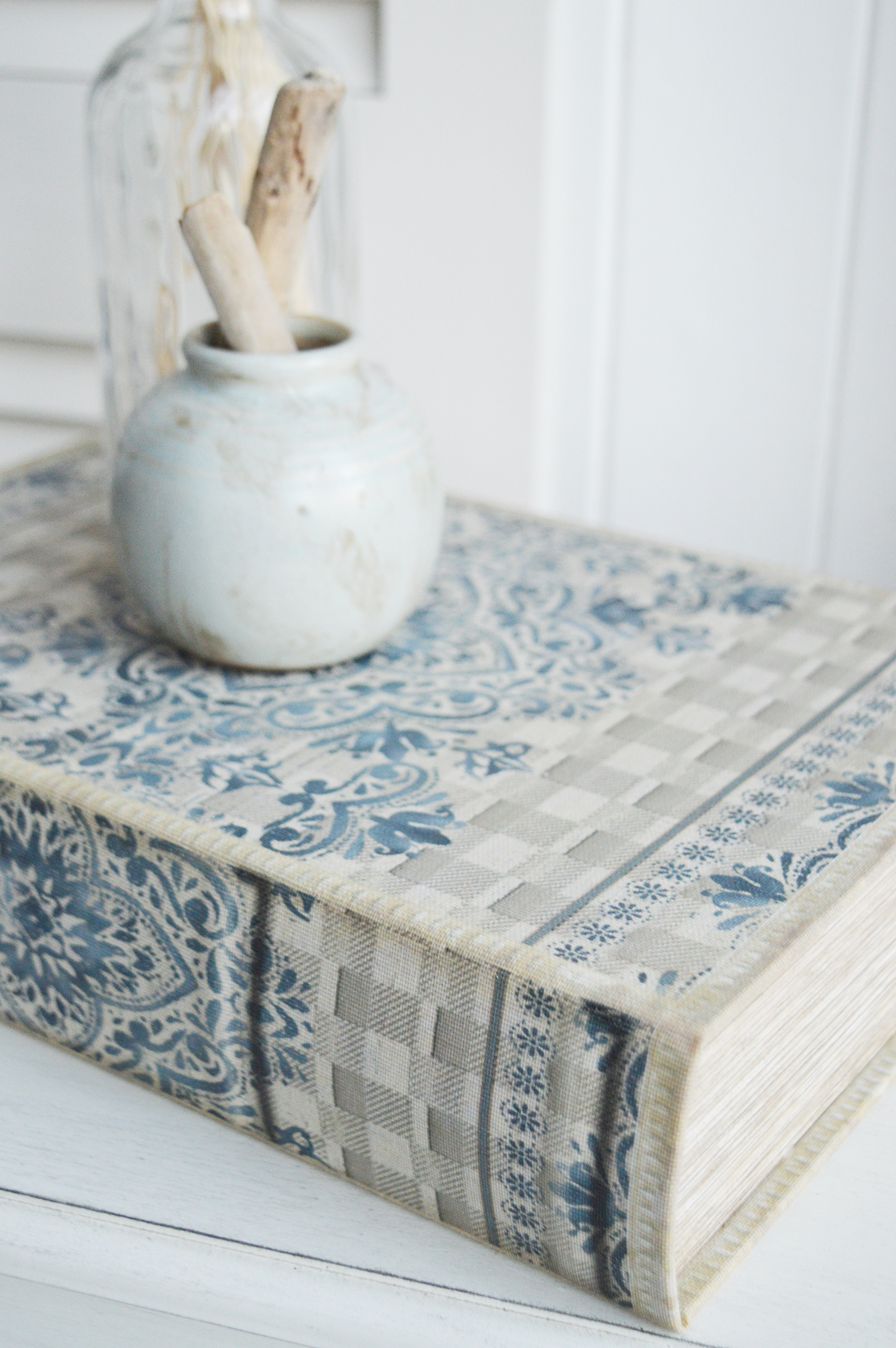 Blue and grey decorative storage book for New England, city Country and coastal home interior decor