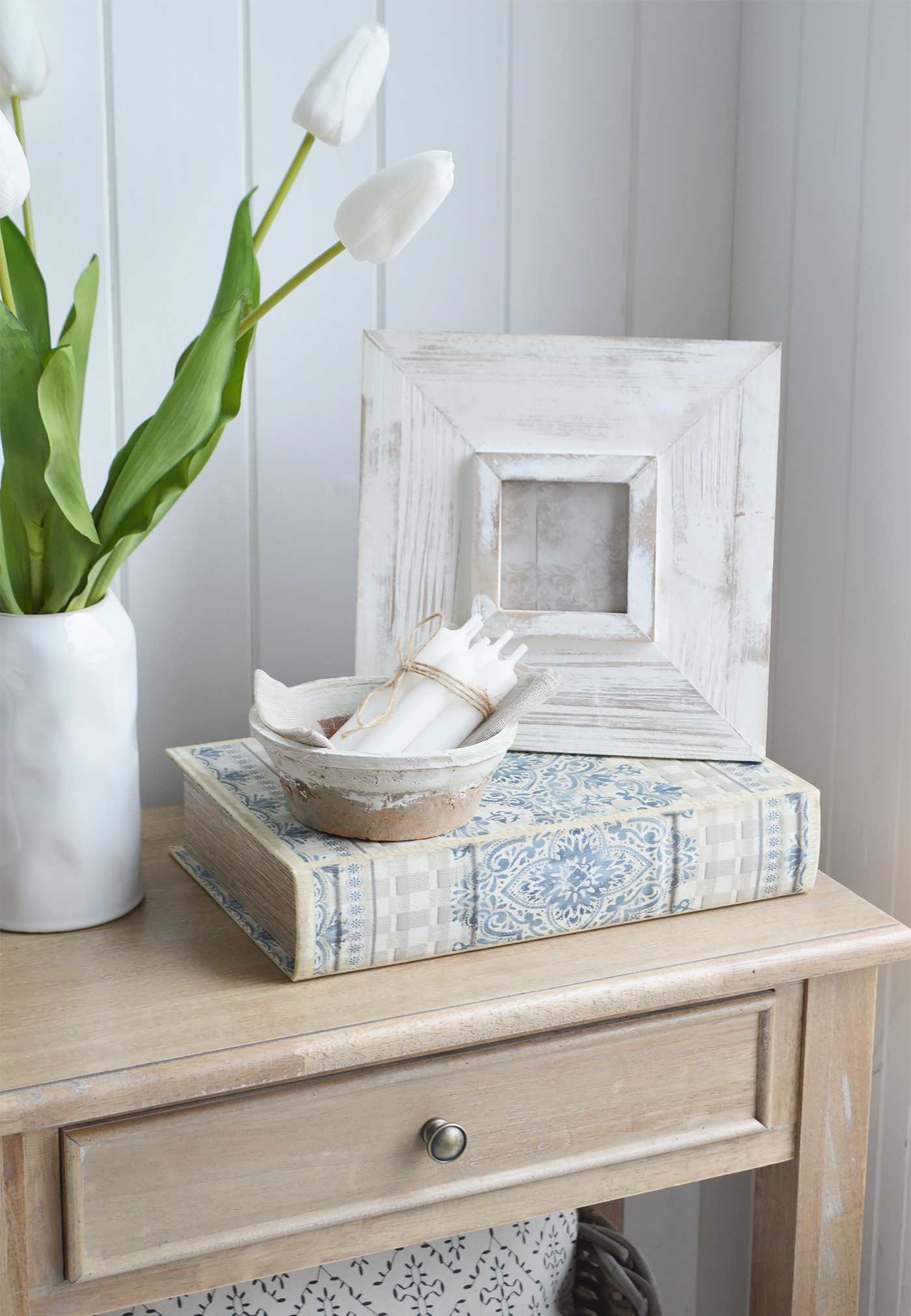 Rustic terracotta bowl for coffee table and shelf styling in New England styled homes