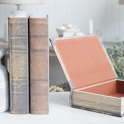Vintag set decorative storage book for New England, city Country and coastal home interior decor