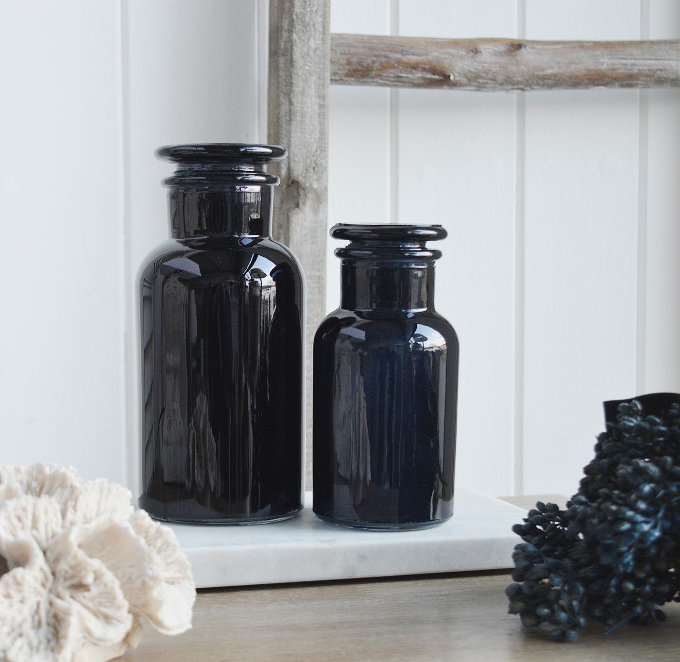 Decorative Apothecary blue black glass bottle with stopper from The White Lighthouse New England furniture and home accessories for country, coastal and city homes and iteriors